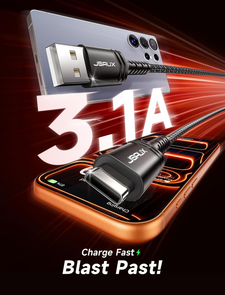 JSAUX USB C Cable 3.1A Fast Charging, 3-Pack 3.3ft+6.6ft+10ft, Grey