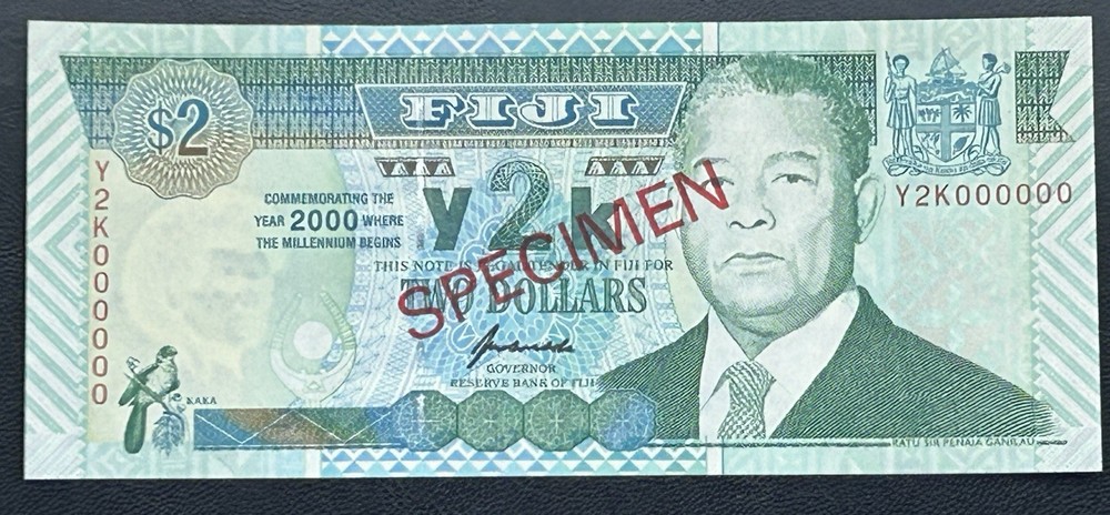 Fiji 2 Dollars, 2000 P-102s Commemorative Y2K000000 Specimen UNC RARE !