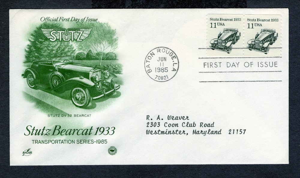 1985 Stamp #2131 Stutz Bearcat 1933 Pair FDC Artcraft Cachet