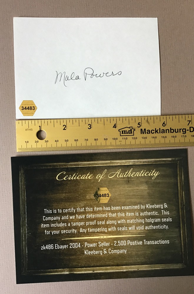 MALA POWERS Index Card AUTOGRAPH. COA. Actress