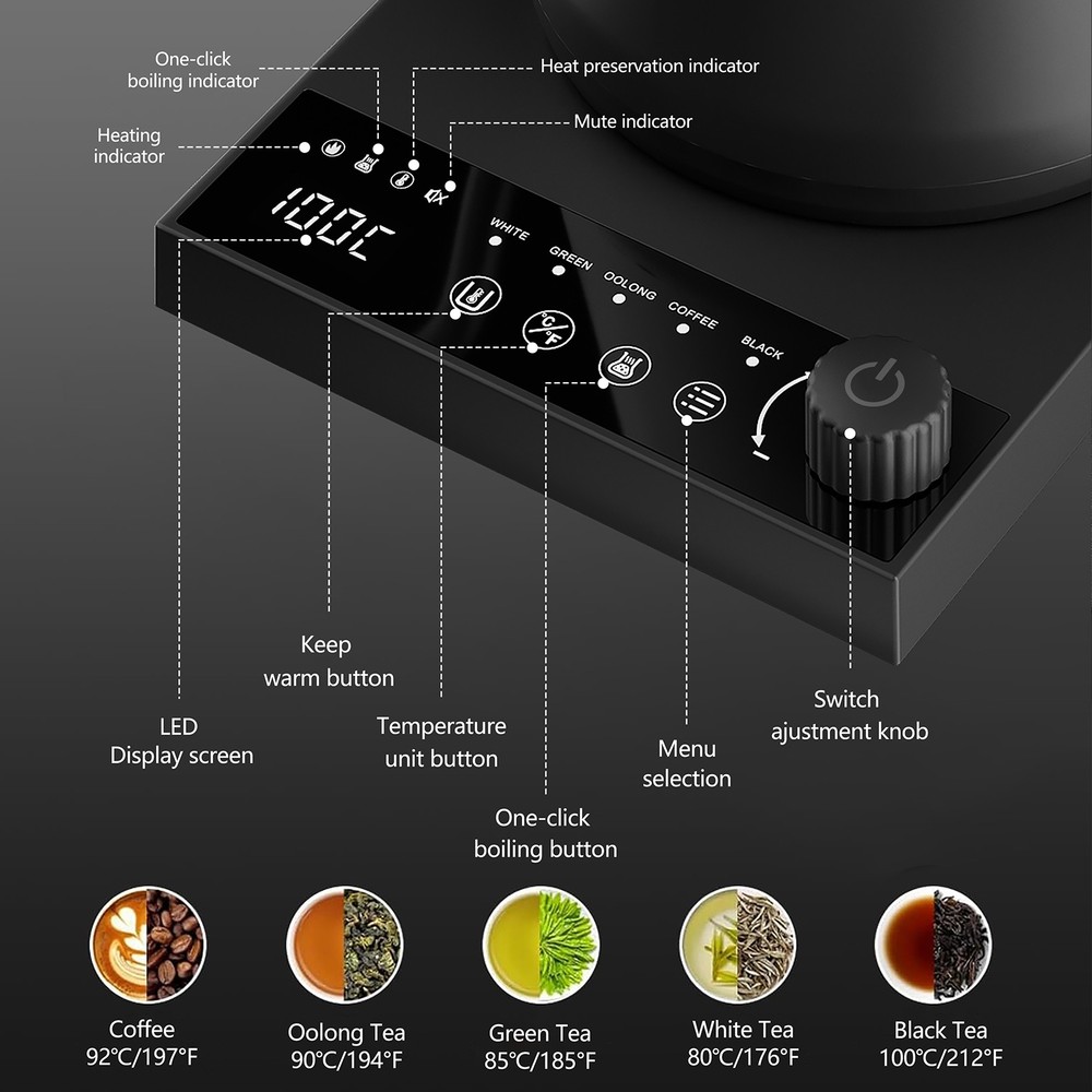 Electric Gooseneck Kettle Coffee & Teapot Quick Heating with Temperature Control