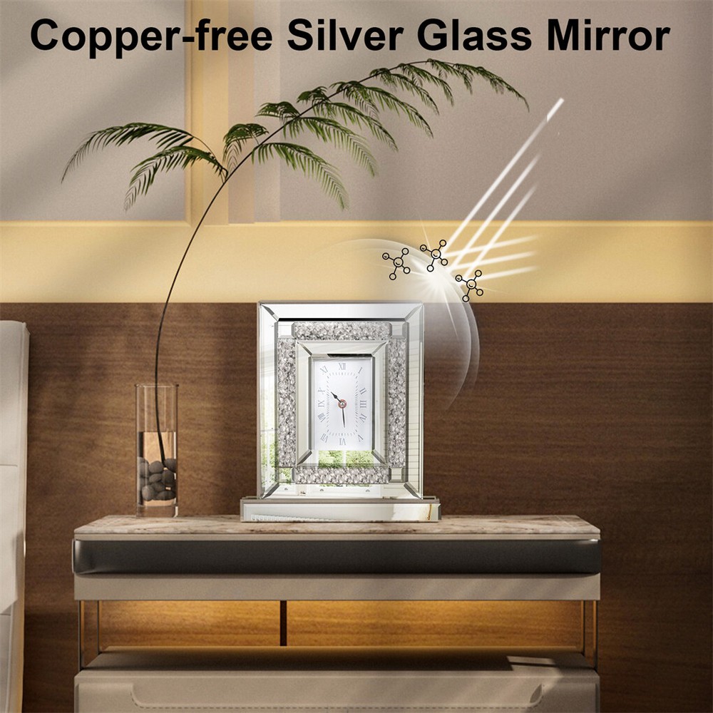 High-end Mirrored Desk Clock Crushed Diamond Table Clock Silver Glass Edge Frame