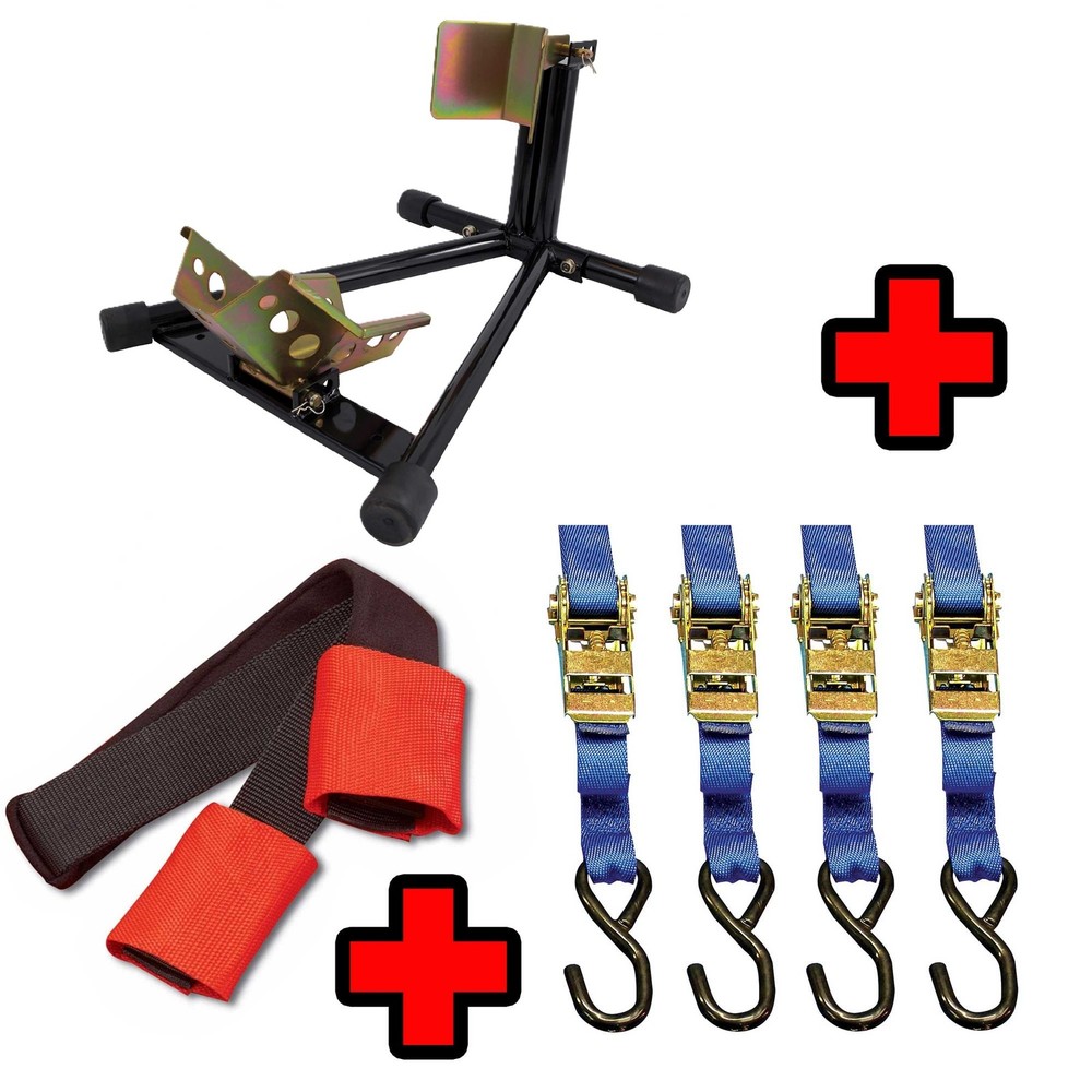 Motorcycle Front Wheel Chock / Stand, Bar Strap & 4 x Ratchet Straps Combo Kit