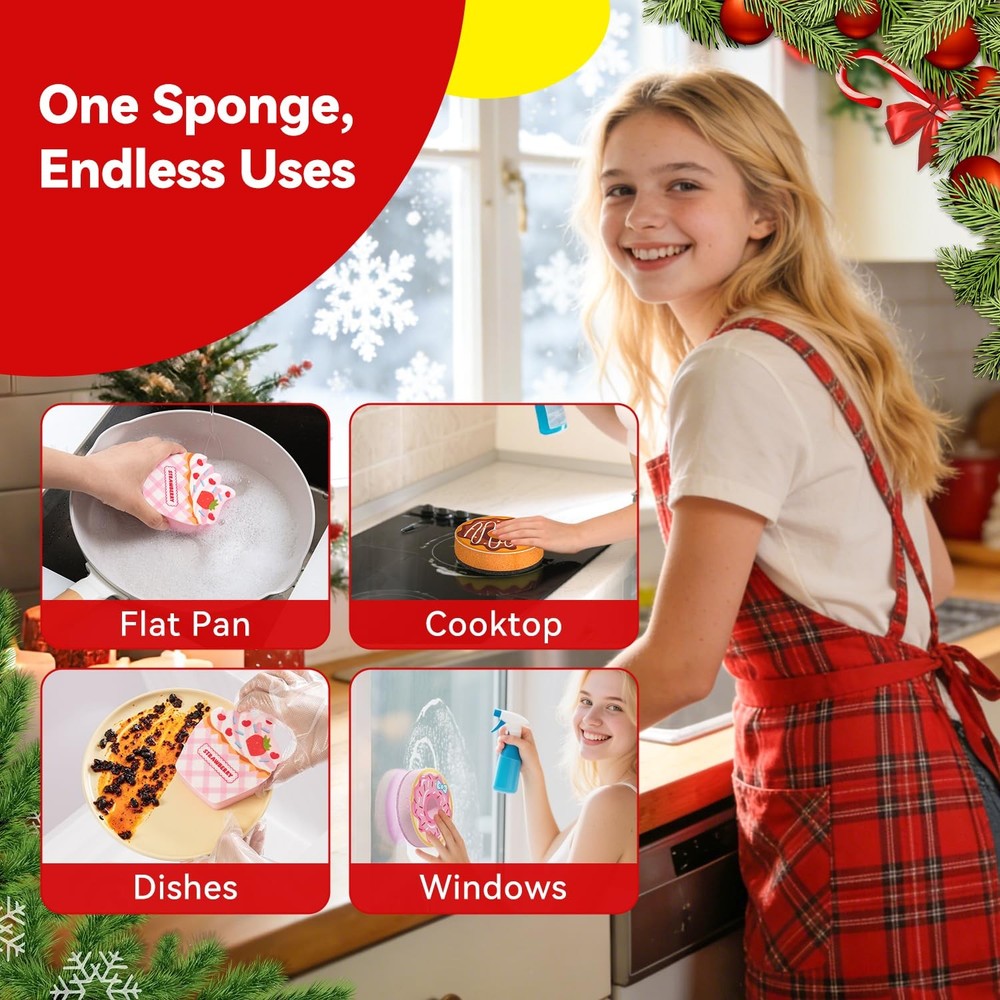 4-Piece Milk & Bread Sponge Set (4 Unique Designs) - Double-Sided Kitchen Cle...