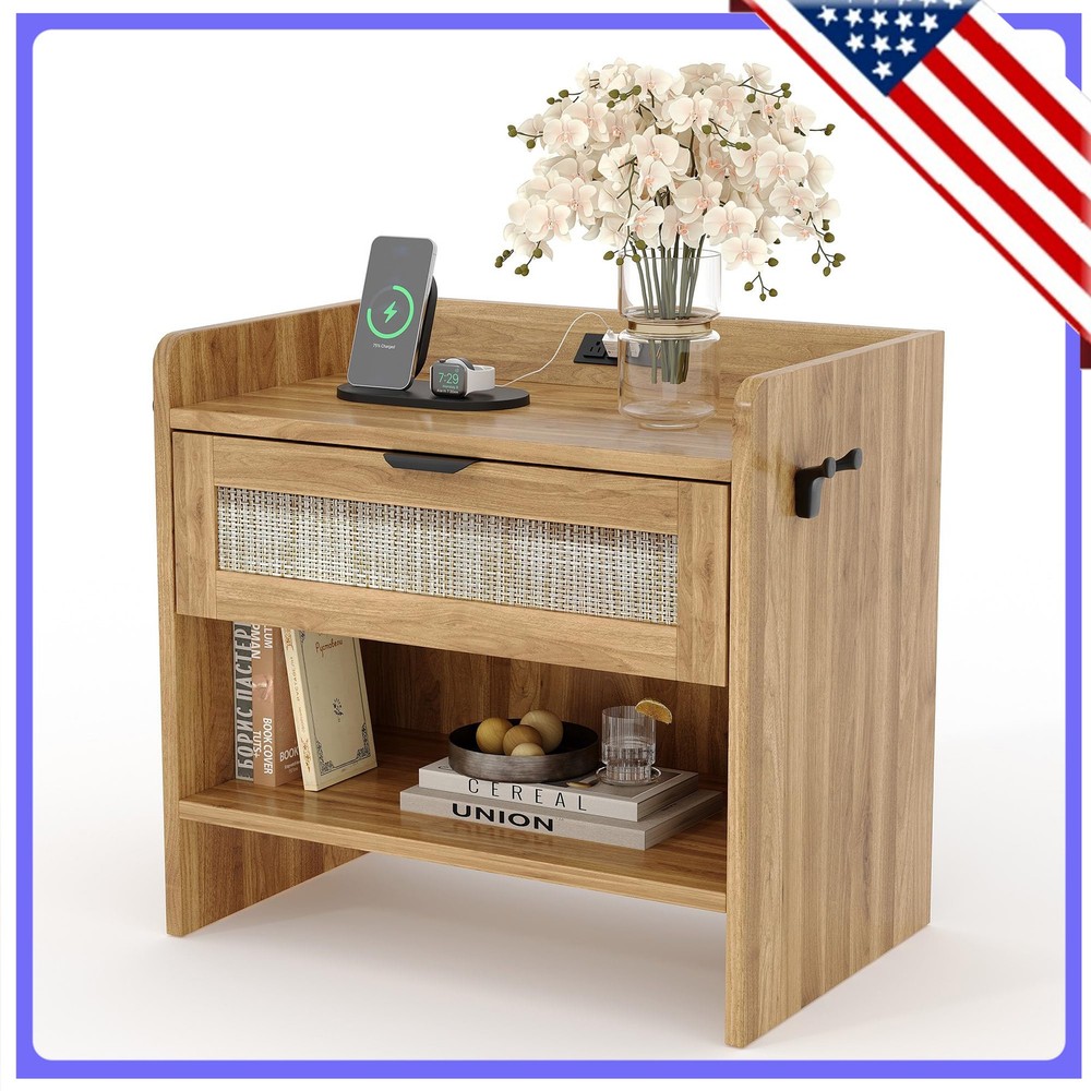 Rattan Bedside Table With Charging Station, Modern Bedside Table With Drawers