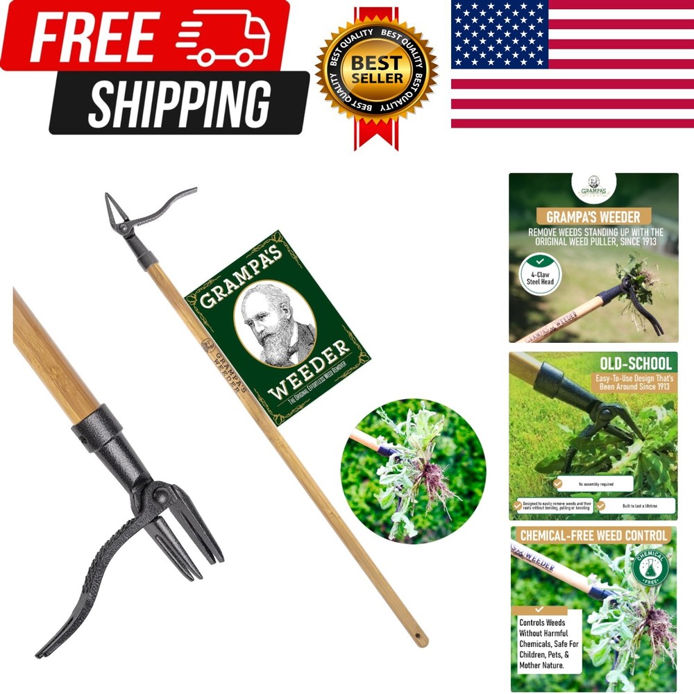 The  Stand Up Weed Puller Tool with Long Handle - Made with Real Bamboo & 4-C...
