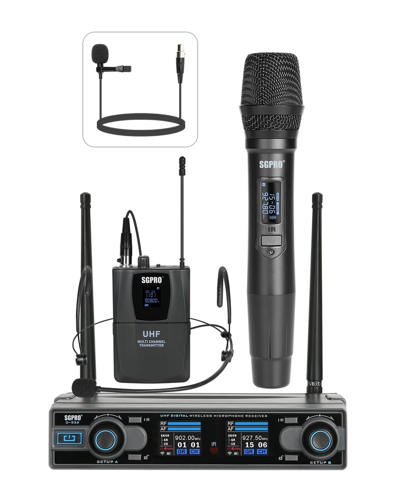 Dual Channel Wireless Microphone System - UHF Handheld, Bodypack, Head-Worn &...