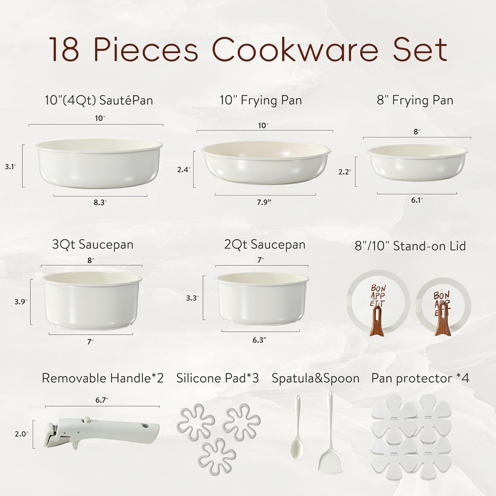 18Pcs Ceramic Cookware Set with Detachable Handle, Pots and Pans Set Non Stick,