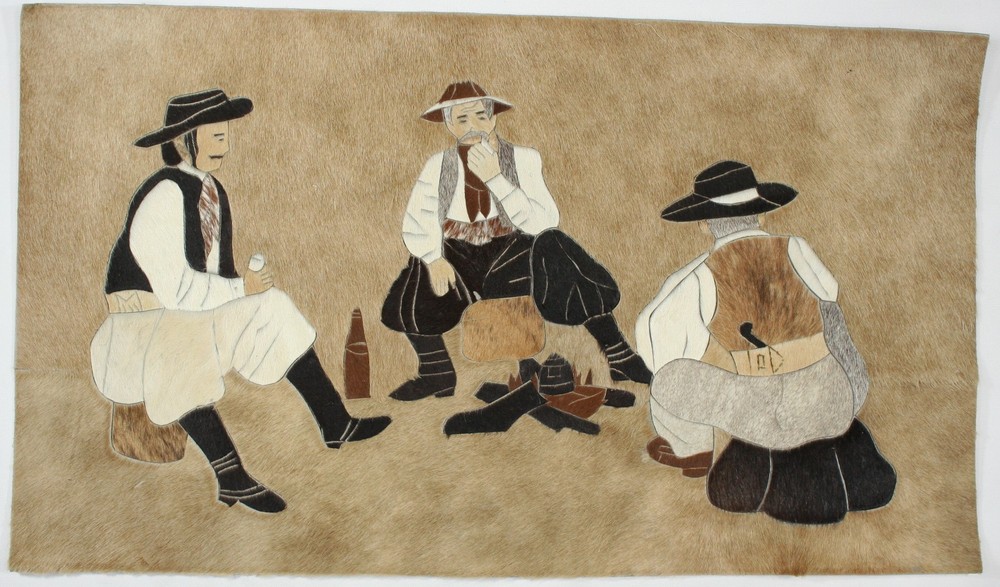 Three Men Around A Campfire Original Vintage Fur Hide Patchwork Artwork Folk Art