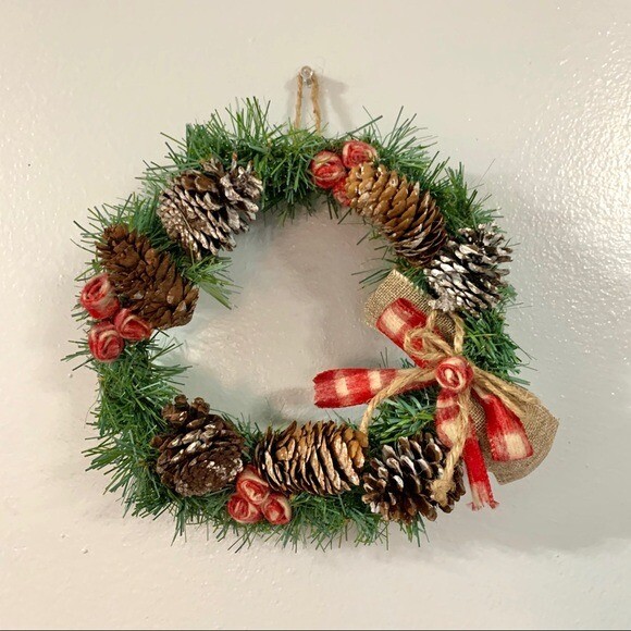 Small Handmade Christmas Pinecone Wreath Ribbon