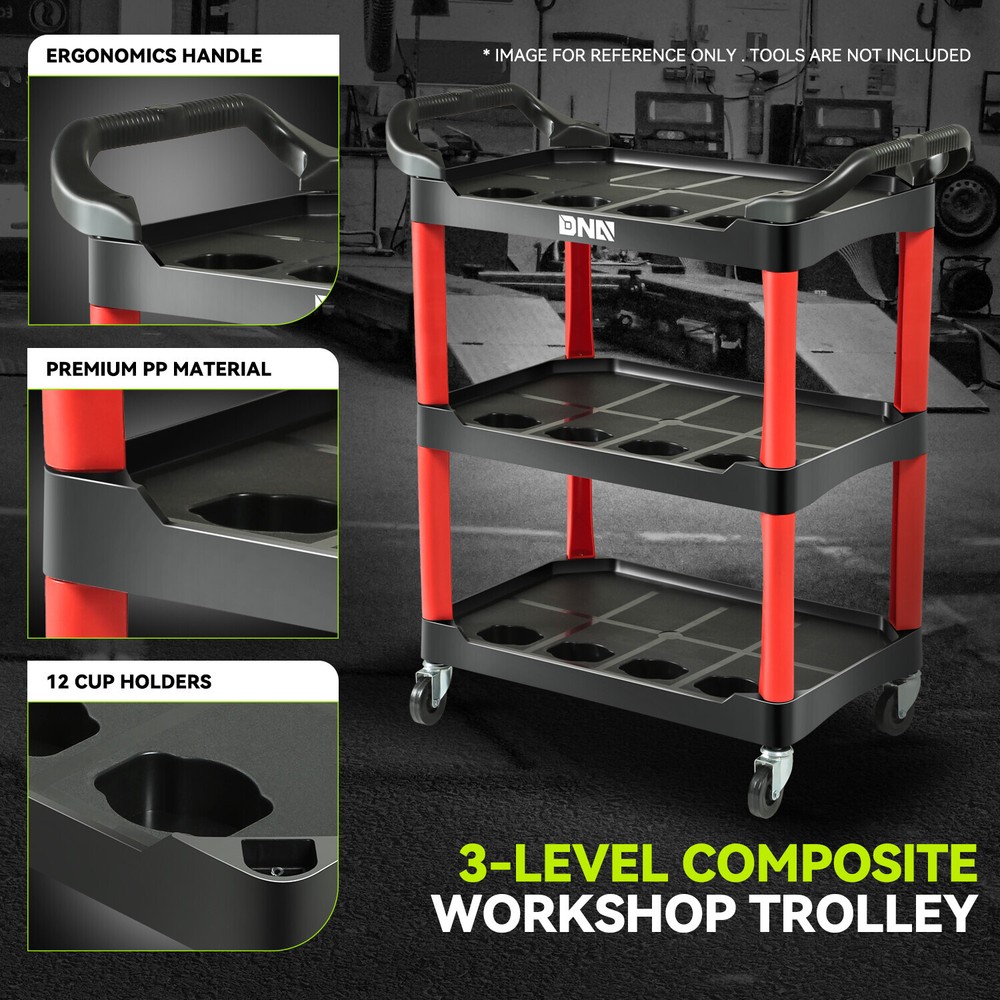 3 Level Composite Workshop Tools Trolley+Casters for Warehouse Garage Office Red