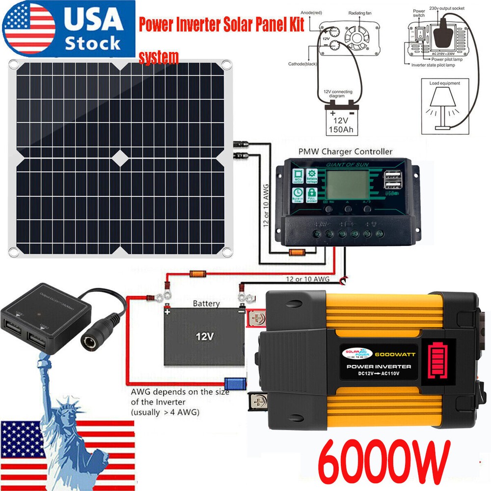 6000W Solar Panel Kit Solar Power Inverter Generator 100A Home 110V Grid System