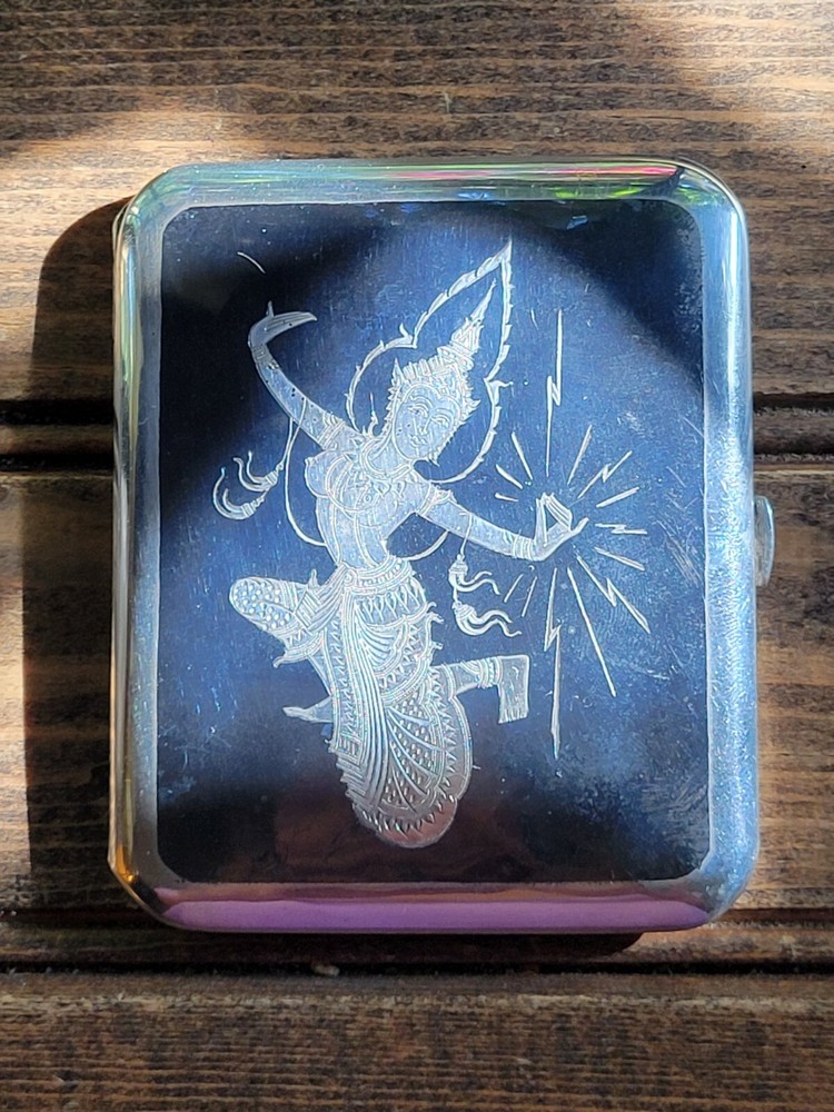VTG Siam Thailand Solid Sterling Silver & Niello Dancer Etch Cigarette Case