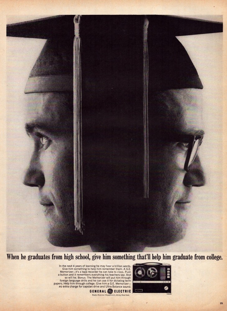 1966 General Electric Tape Recorder Print Ad Memorizer College Classes