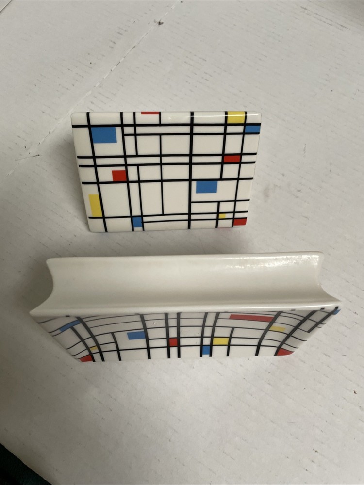 Piet Mondrian style triangular ceramic toothbrush holder and soap dish