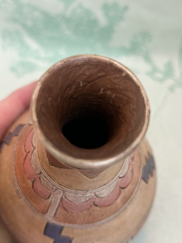 Vintage Aztec Design Pottery Bud Vase Signed