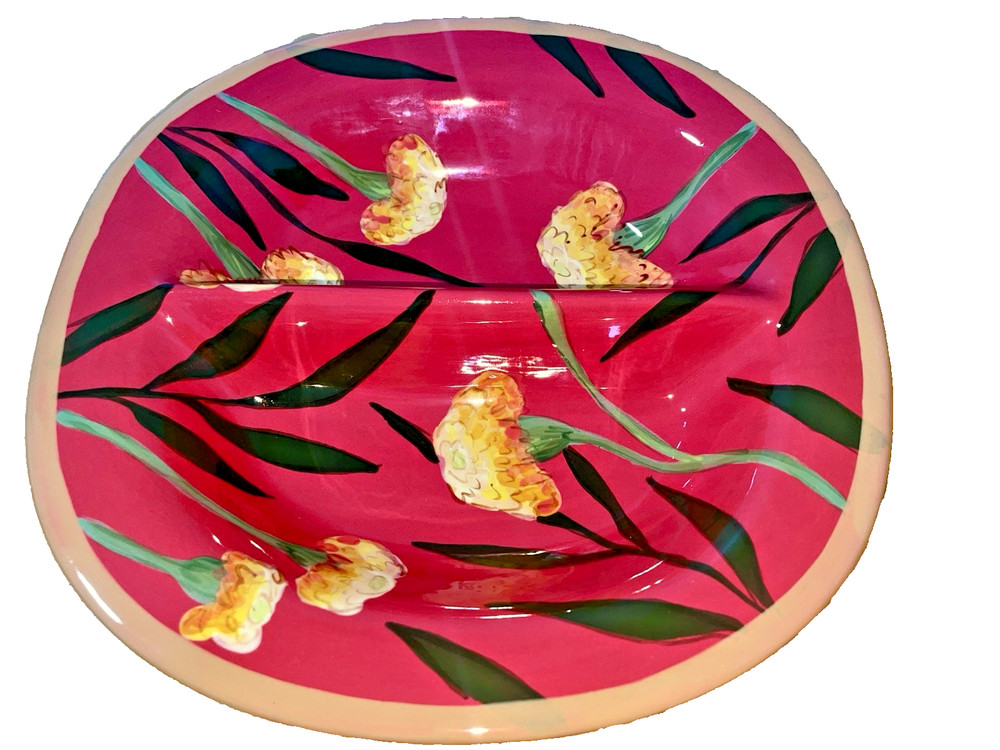 Droll Designs MARIGOLD Hand Painted Ceramic Glazed Split Divided 10.5” Bowl