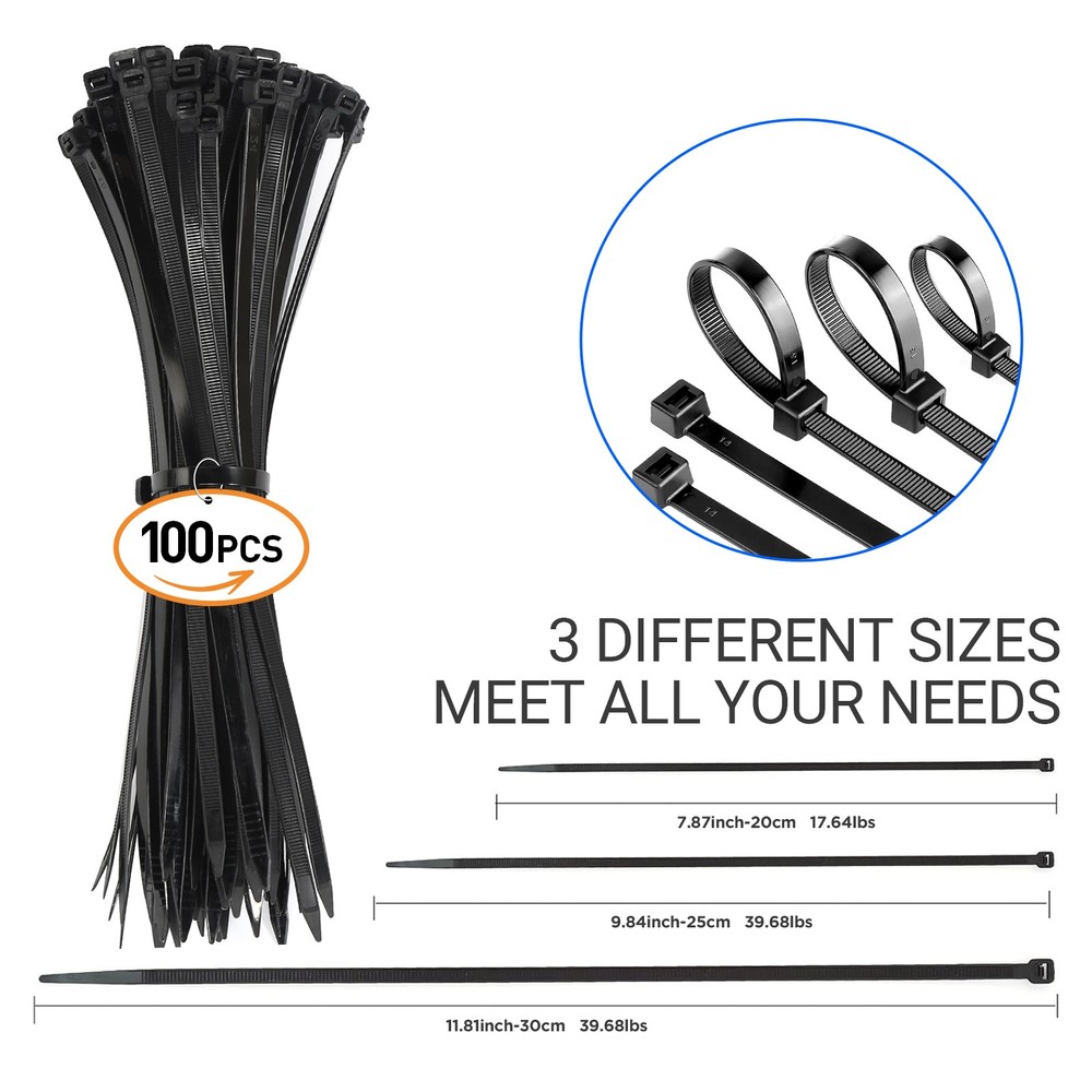 Zip Ties Assorted Sizes(6”+8”+10”), 300 Pack, Black Cable Ties, UV Resistant