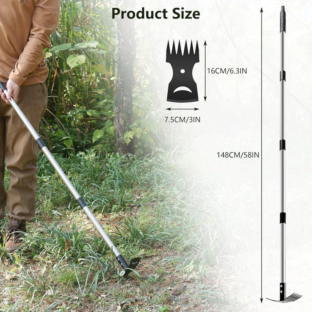 Long Handle Weed Puller Tool, 2-in-1 Weeder Rake & Garden Hoe for Easy Weeding