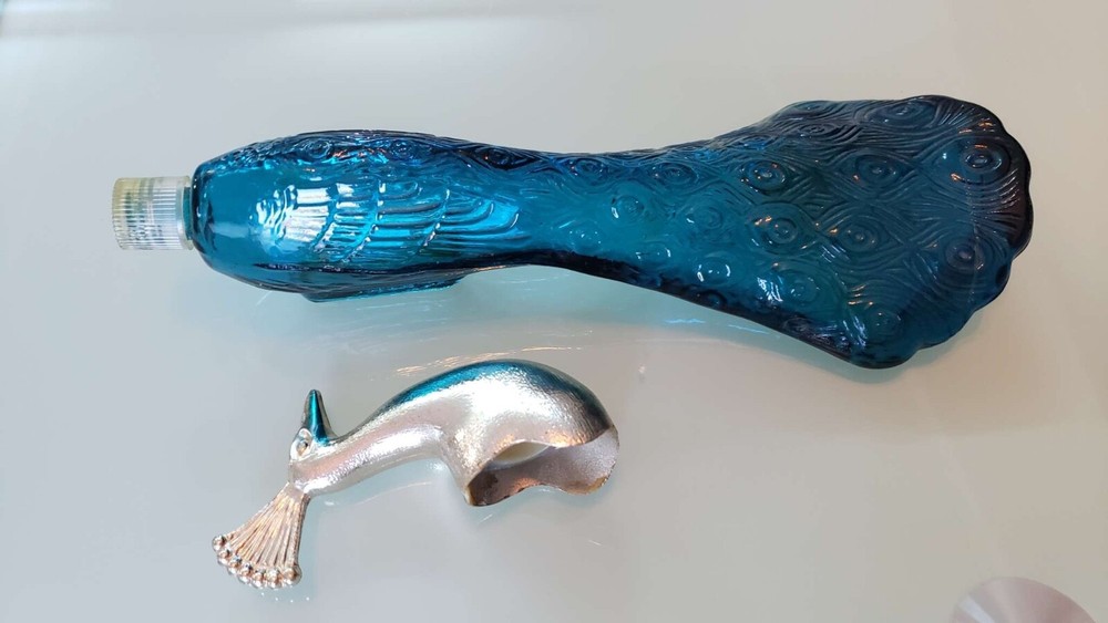 Vintage AVON Patchwork Cologne Peacock Green Tail Perfume Bottle Empty