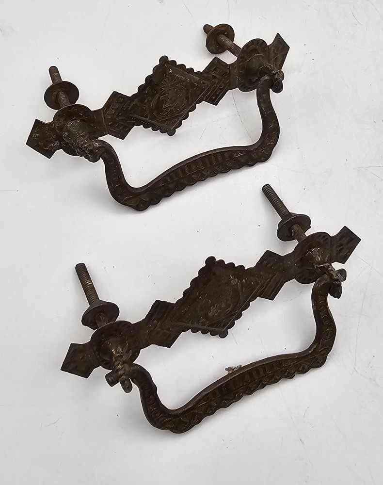 Antique Pressed Brass Drawer Pulls Ornate Gothis Style ~ 2 Pairs