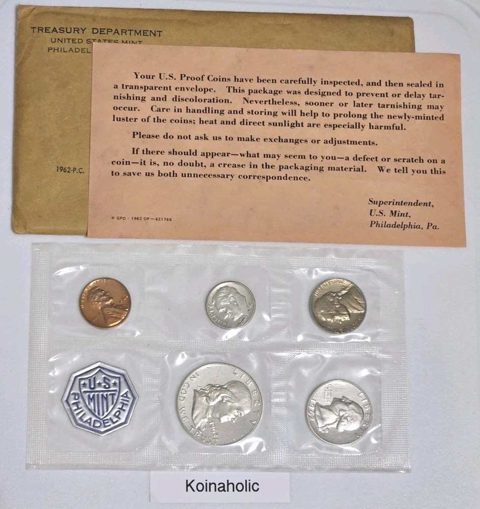 1962 Silver Proof Set with OGP & COA, Spotless Coins, Pulled From Storage
