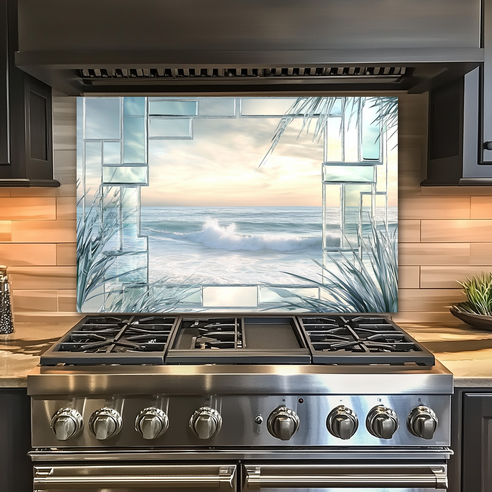 Ocean Landscape Scene Printed Tempered Glass Kitchen Backsplash Splashback Decor