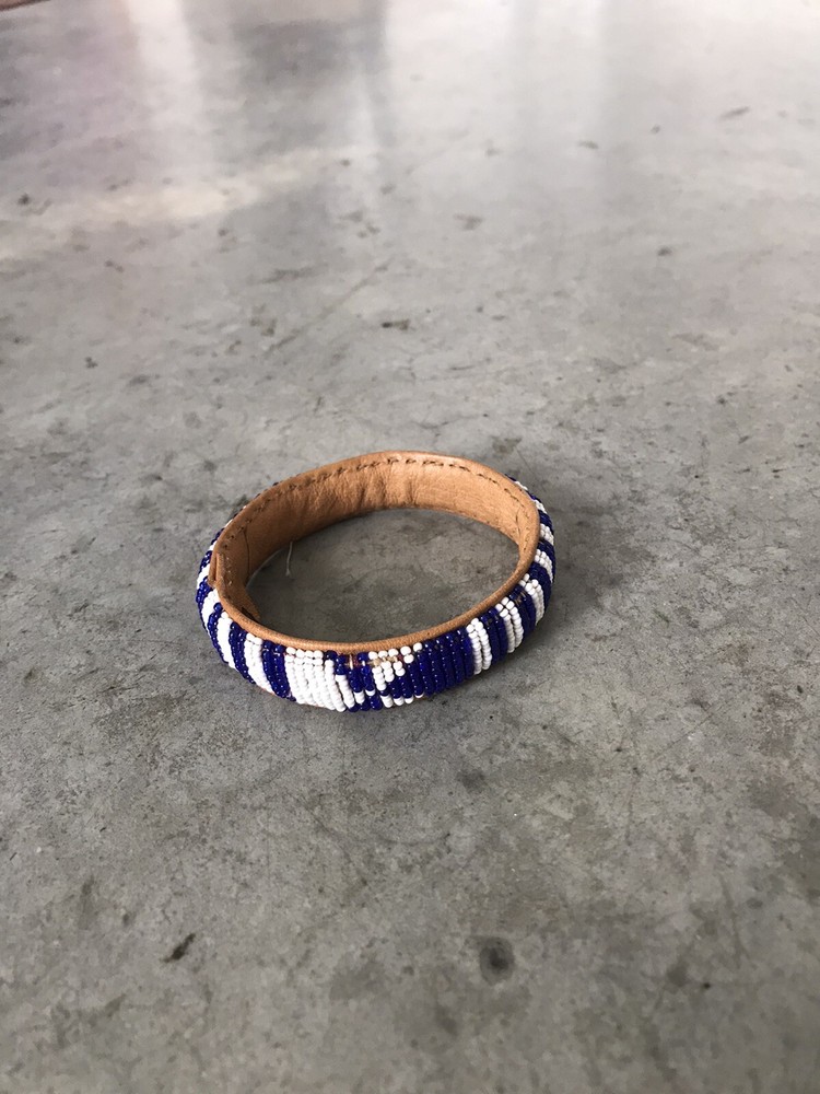 Handmade Blue White Beaded Leather Bangle Bracelet