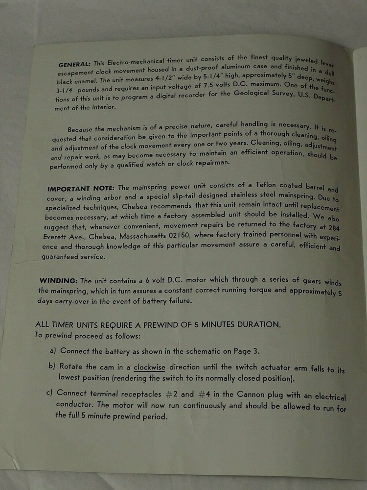 CHELSEA Model 33E Electro Mechanical TImer Operation Booklet circa 1940