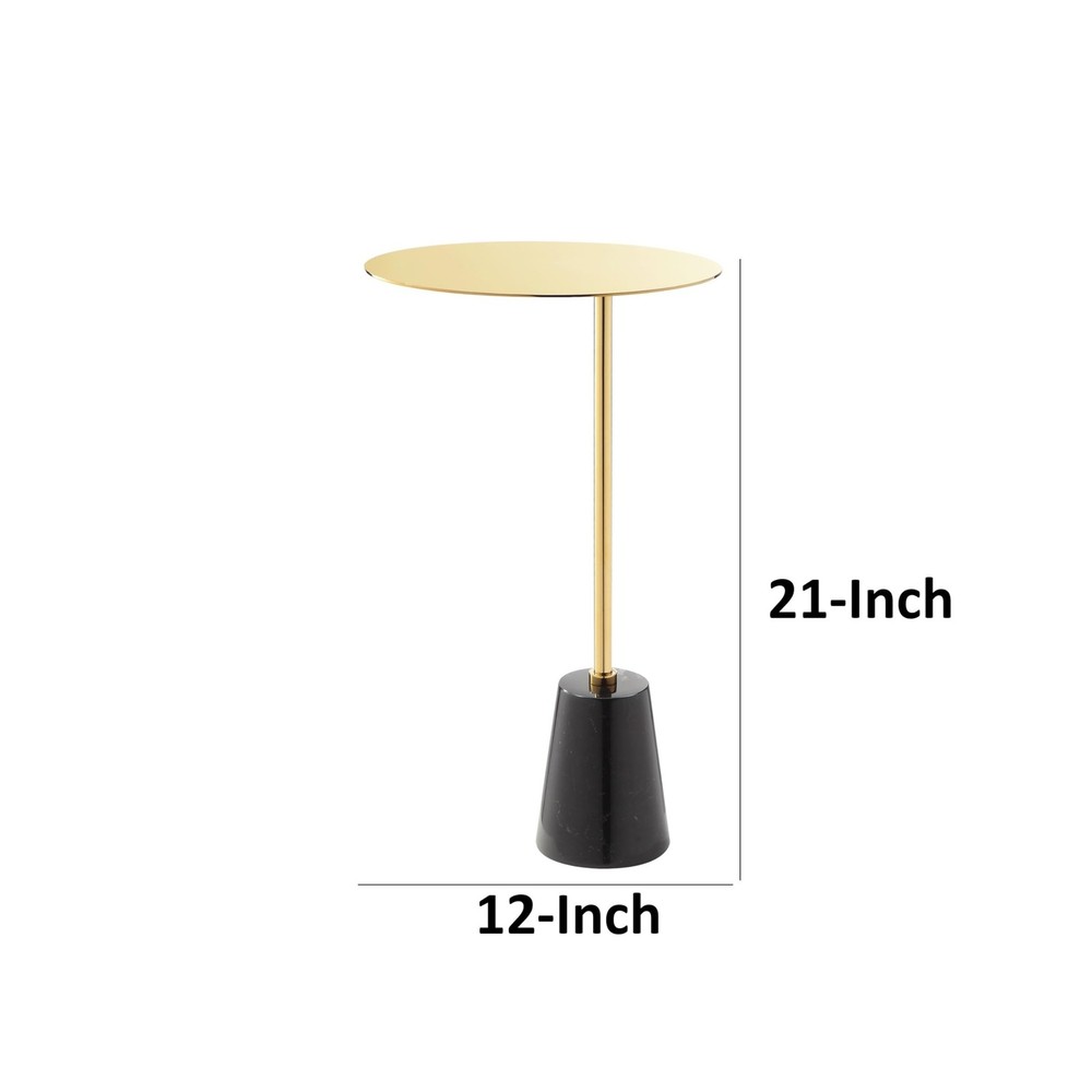 Benjara Frank 12" Drink Side End Table- Gold Top- Black Marble Solid Cone Base