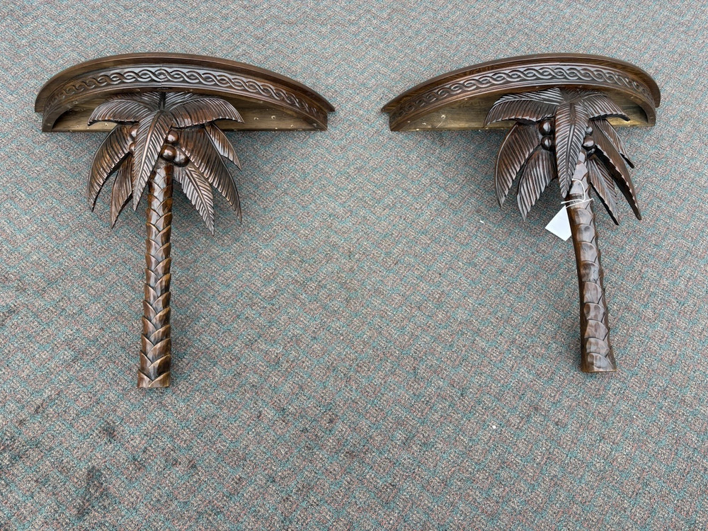 65312 Pair Mahogany Palm Tree Wall Table Stand s