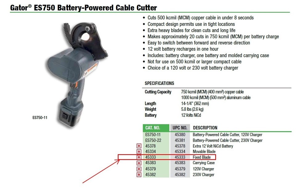 Greenlee 4533 Fixed Blade (Replacement Part) for ES750 battery cable cutter