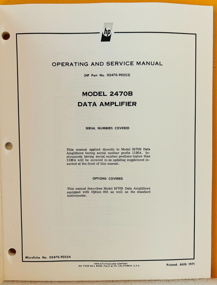 HP 02470-90253 1971 Model 2470B Data Amplifier Operating & Service Manual.