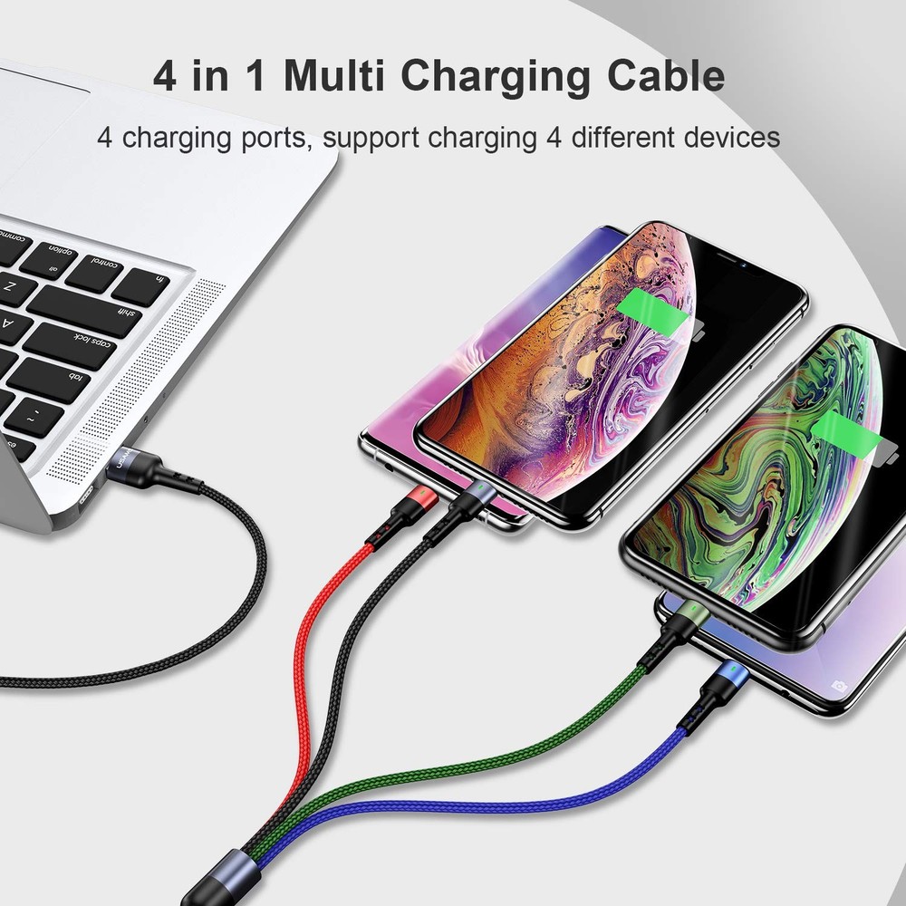 USAMS Multi Charging Cable 2Pack 4FT 4 in 1 Nylon Braided 4ft, Multicolored