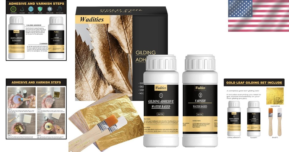 Water-Based Gold Leaf Gilding Adhesive Set with 100 Sheets & Brushes Included