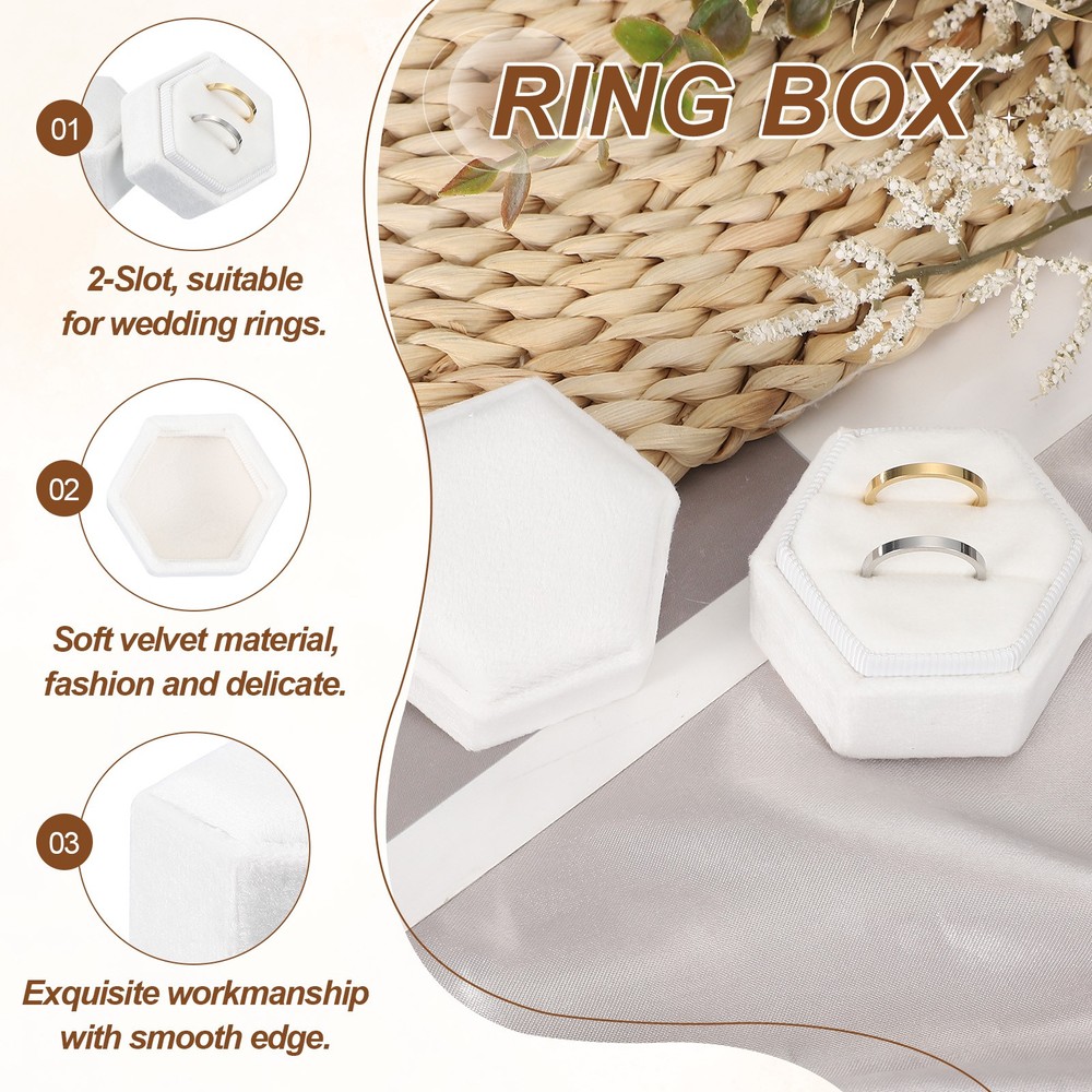 Velvet Ring Box, Hexagonal Ring Box Storage 2 Slots Ring Holder Box (White)
