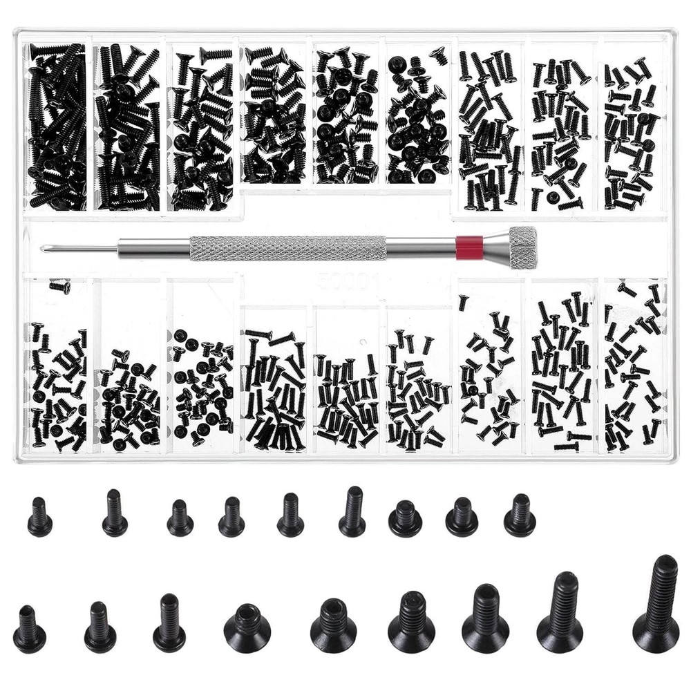 Small Screws Assortment Kit M1.2 / M1.4 / M2.0 Tiny Micro Screws Set Black 500pc