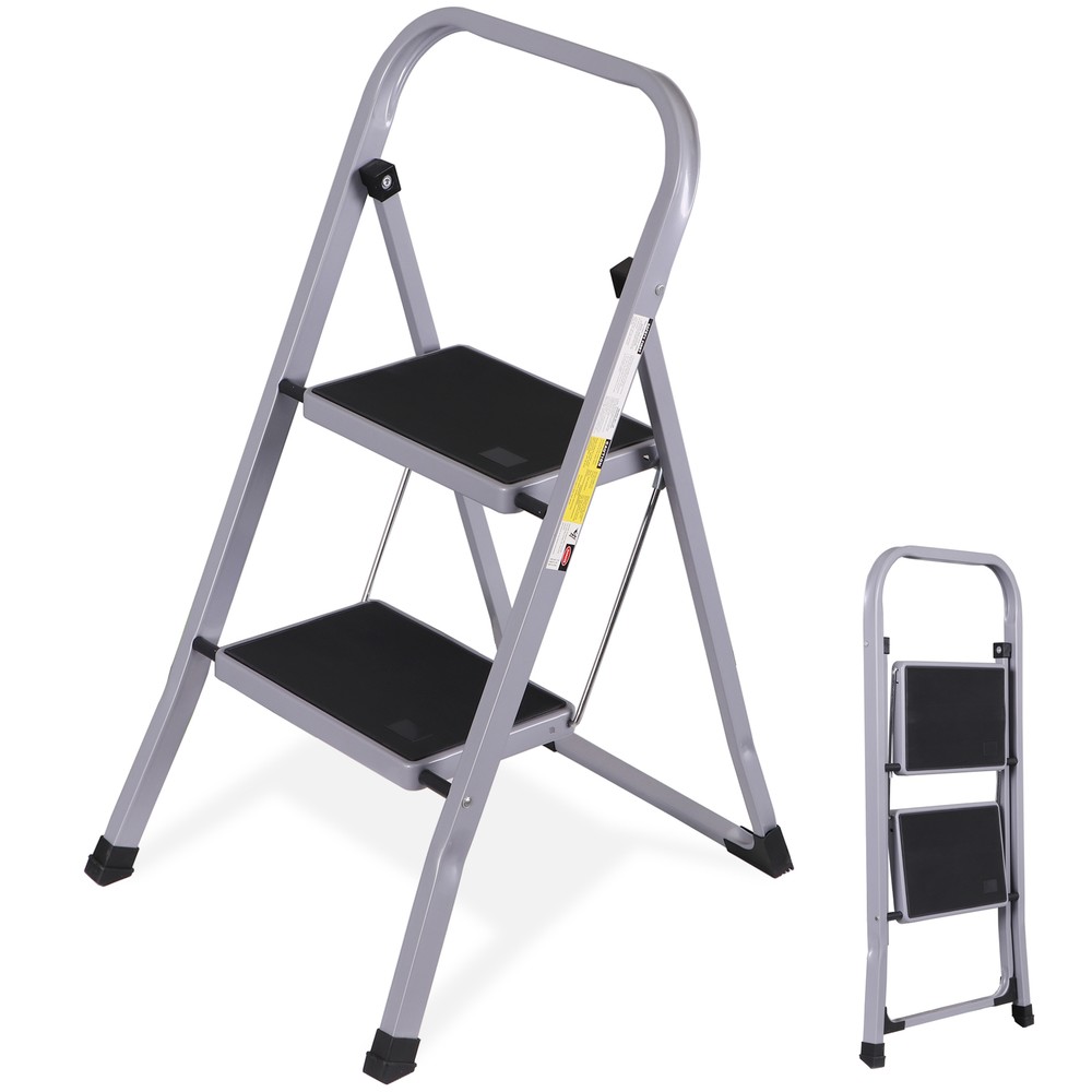 2 Steps Ladder Lightweight Folding Step Stool Convenient Handgrip Sturdy, Gray