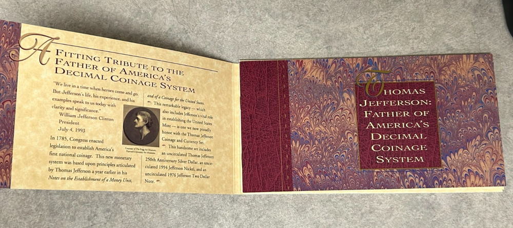 1994 Thomas Jefferson Coinage & Currency Set - Original Box & Inserts