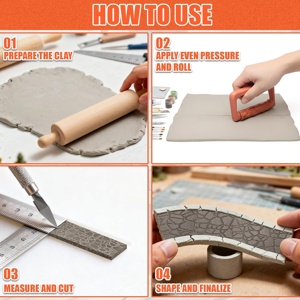 9 Pcs Clay Texture Roller Set Handle 8-Pattern 3D-Printed Miniature Terrain