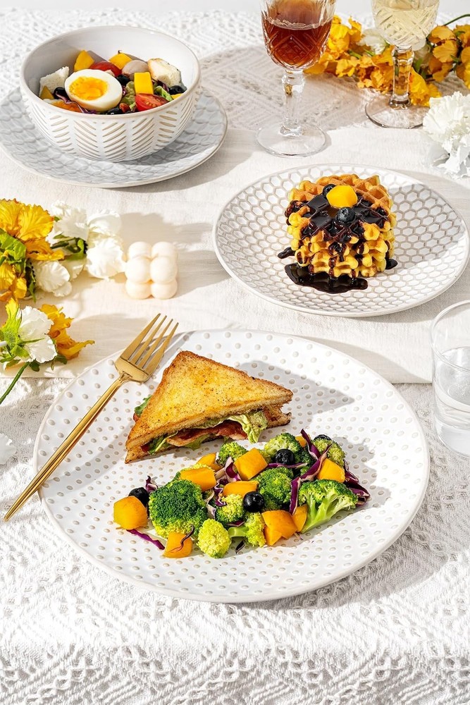 18 Piece Embossed Dinnerware Sets for 6, Scratch-Resistant Plates and Bowls Sets