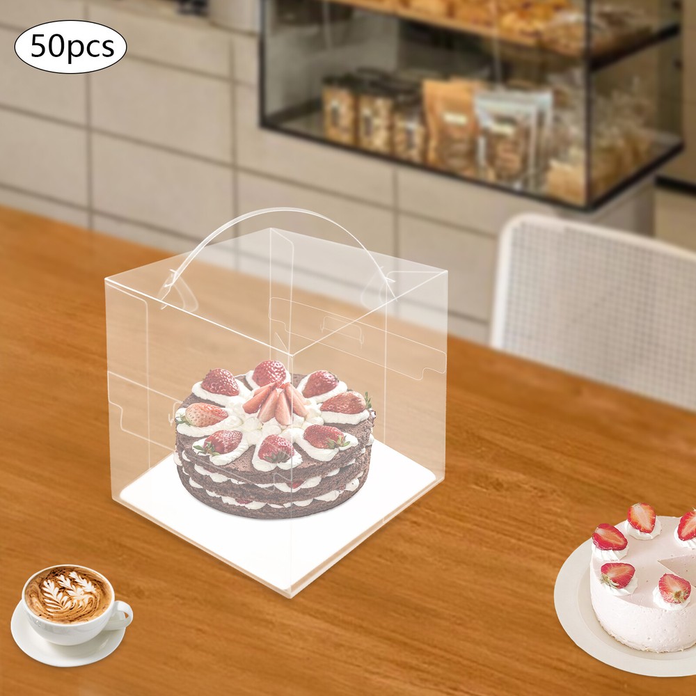 50 Pcs Clear Cake Boxes, Square Clear Cake Boxes, Cake Carrier with Handle