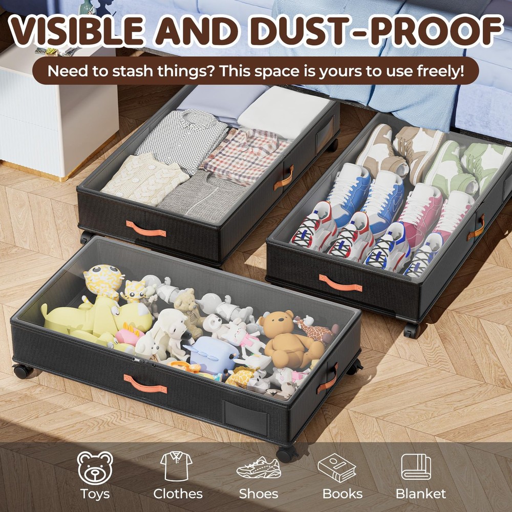 Under Bed Storage with Wheels 2-Pack, Under Bed Storage Containers 66L Clear ...