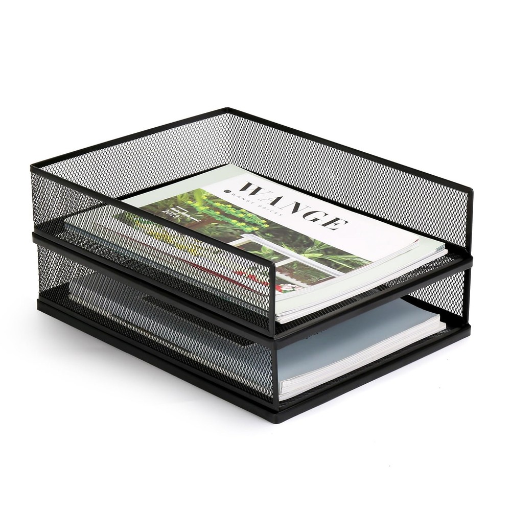 2-Pack Wire Mesh Letter Trays, Lengthways, Stackable, Front-Load, File, Desk