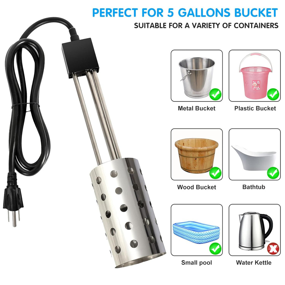 1000W Electric Immersion Heater, Bucket Water Heater with 304 Stainless-Steel Gu