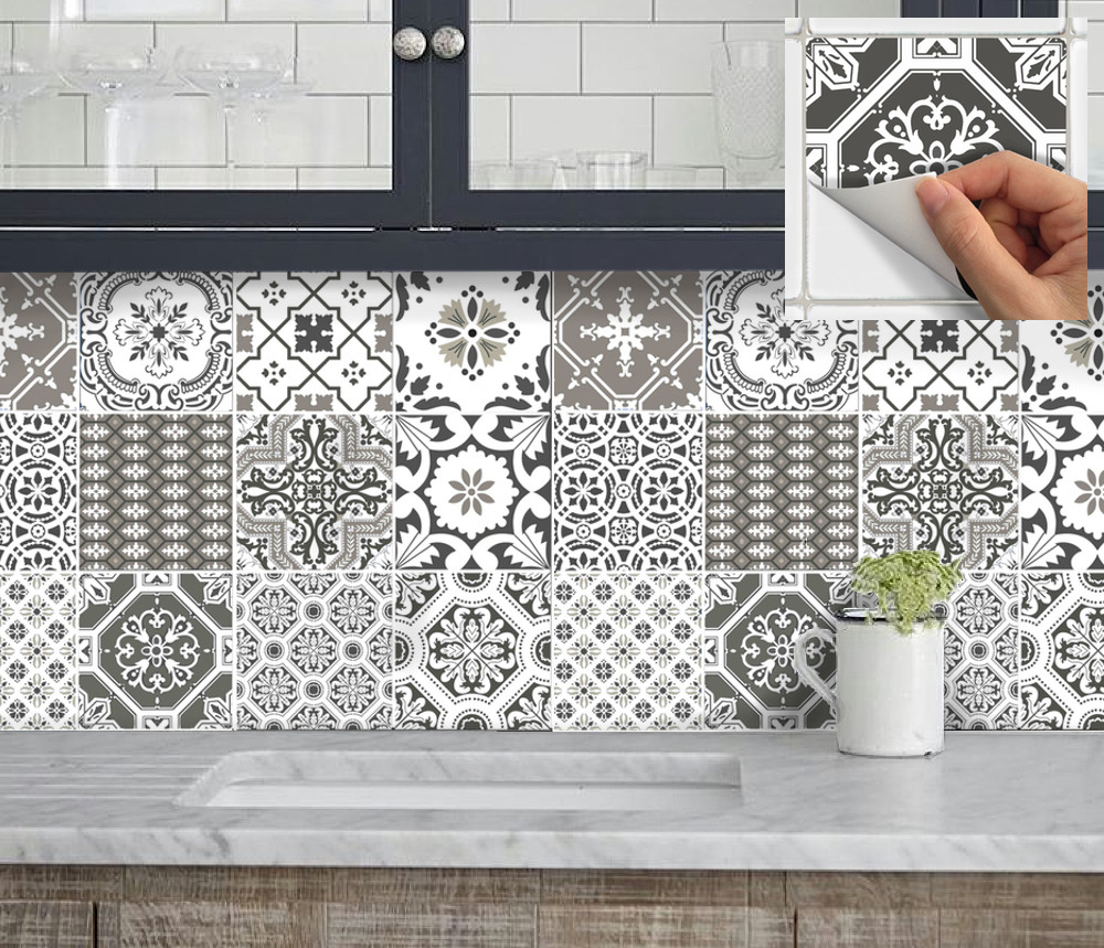 Tile Stickers for Kitchen Backsplash Floor Bath Removable: Patchwork Grey Pmix5