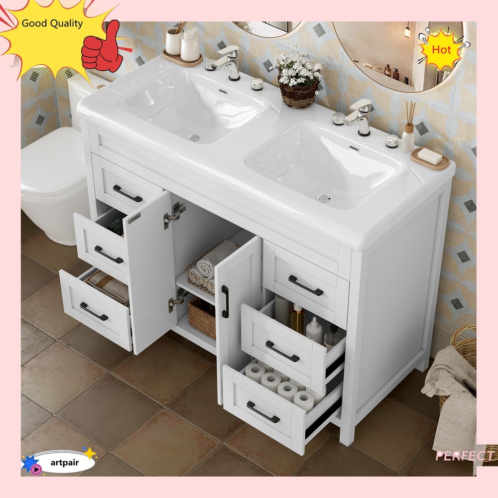 47" Bathroom Vanity Set & Double Ceramic Sinks Artificial Marble Countertop , US