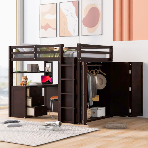 Twin Full Size Loft Bed with Desk Wardrobe Storage Cabinet Solid Wood Bed Frames