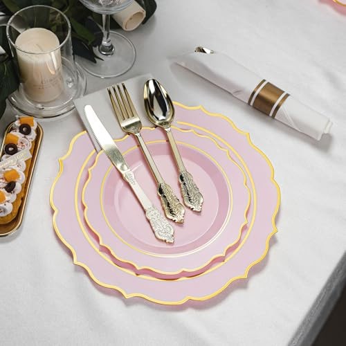 350PCS Plastic Plates, Gold Plastic Dinnerware Sets for 50 Guests, Include Pink