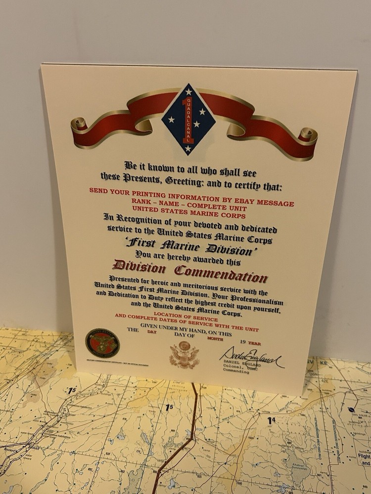 U.S.M.C. / FIRST MARINE DIVISION ~ DIVISION COMMENDATION REPLACEMENT CERTIFICATE